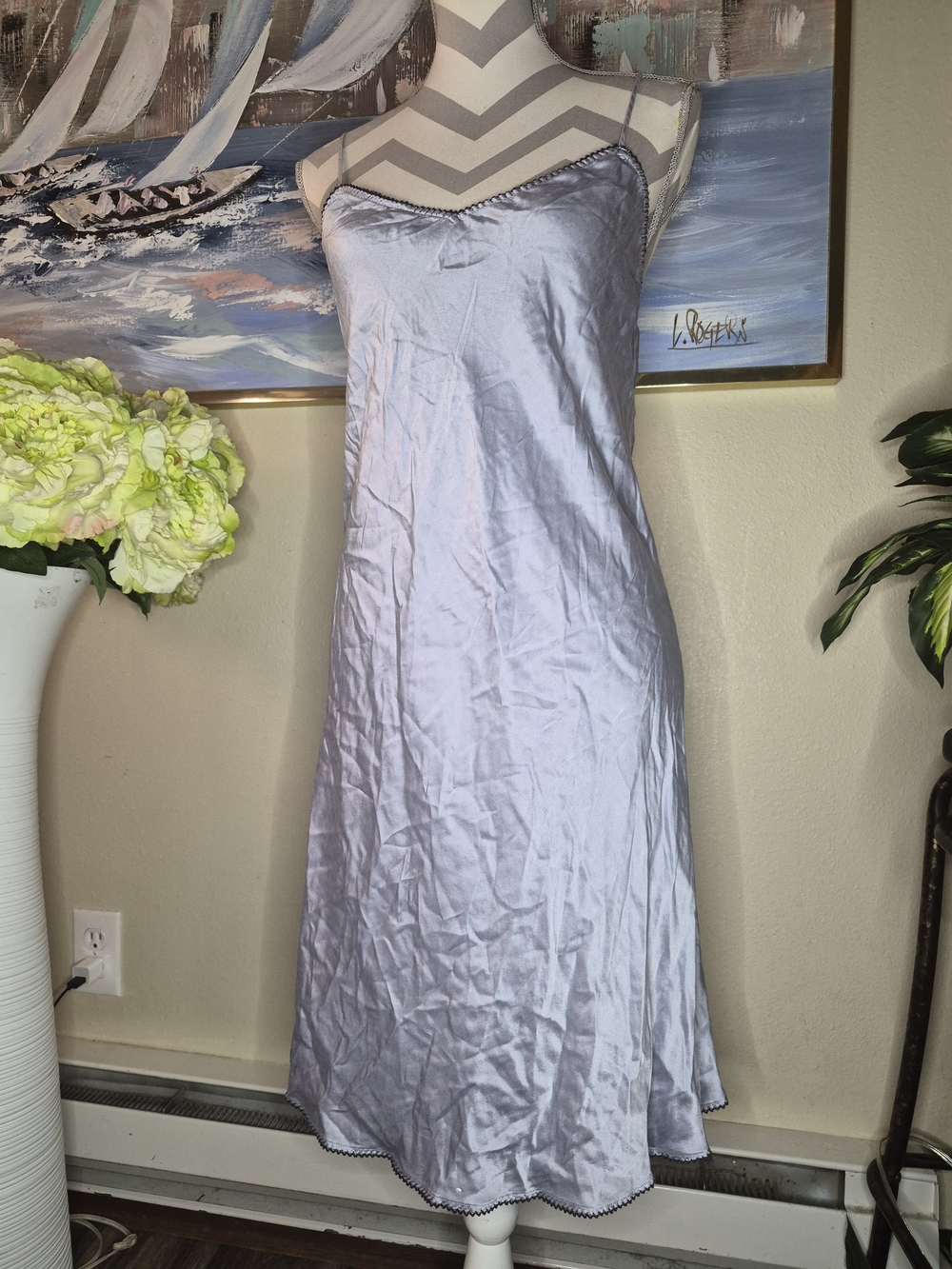 Silky Light Blue 100% Silk Slip with Scalloped Trim